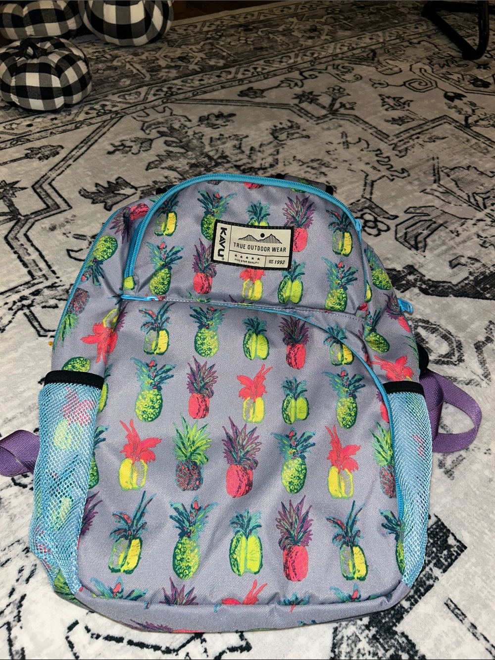 Kavu Kids Pineapple Print Backpack in Gray with Multicolor Pines